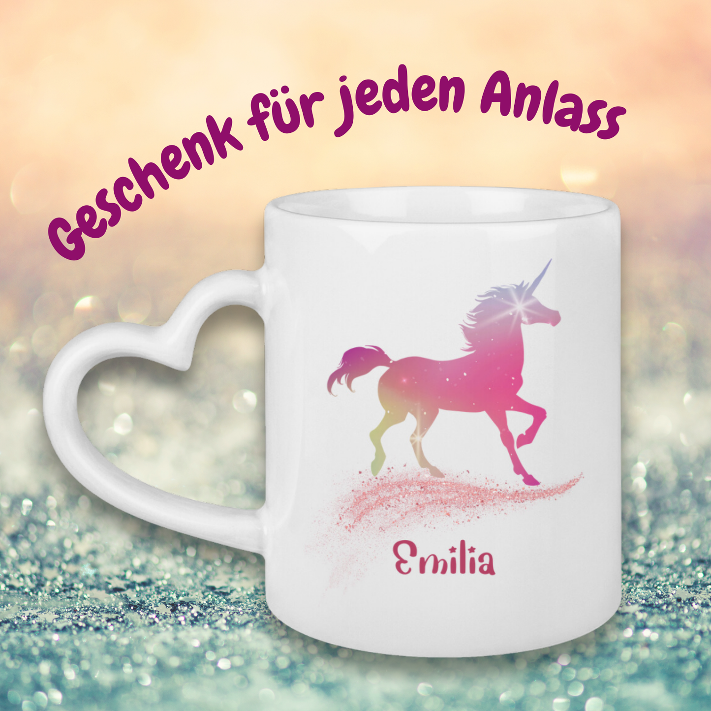 Tasse Herzgriff Einhorn personalisiert mit Wunschname Geschenk Geburtstag