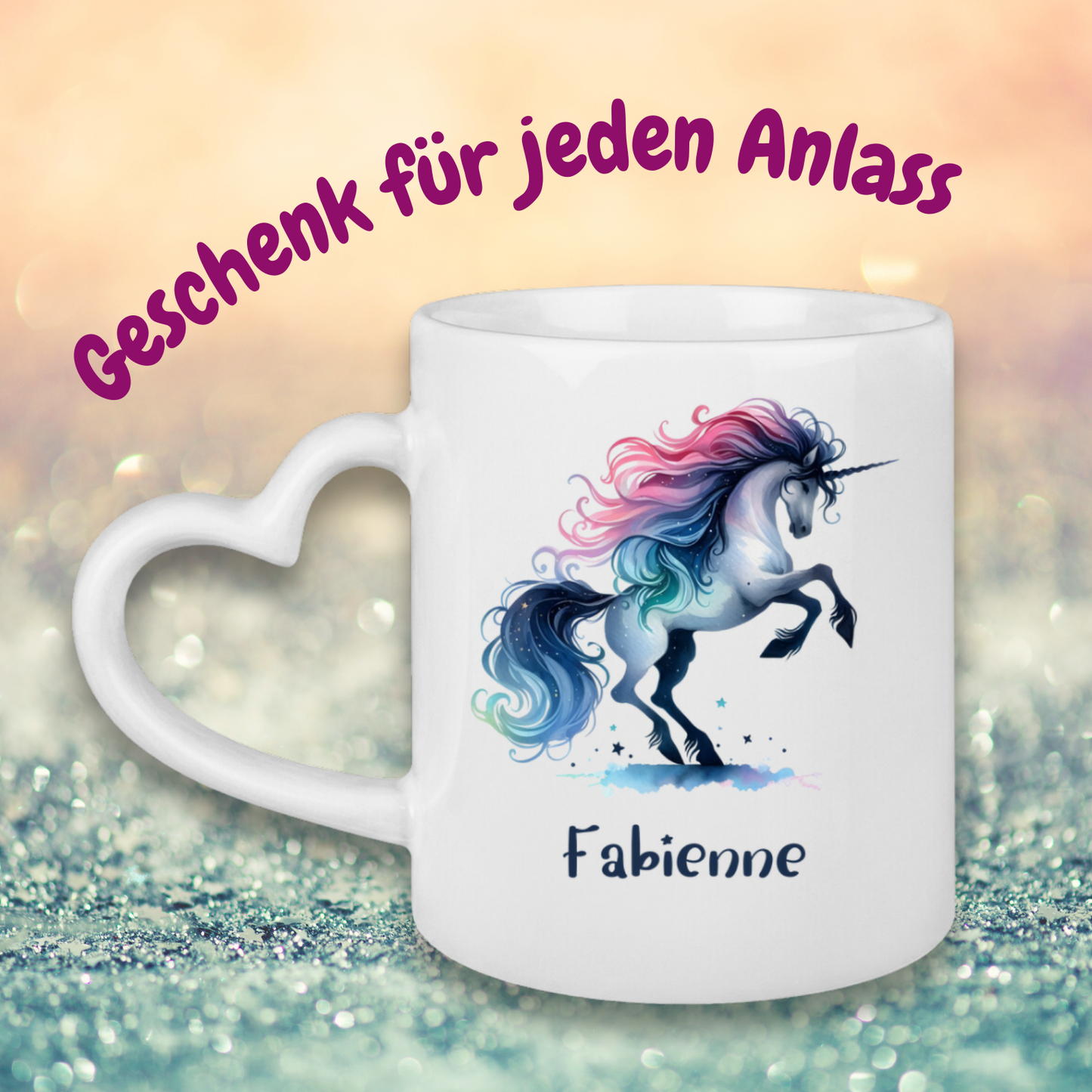 Tasse Herzgriff Einhorn personalisiert mit Wunschname Geschenk Geburtstag