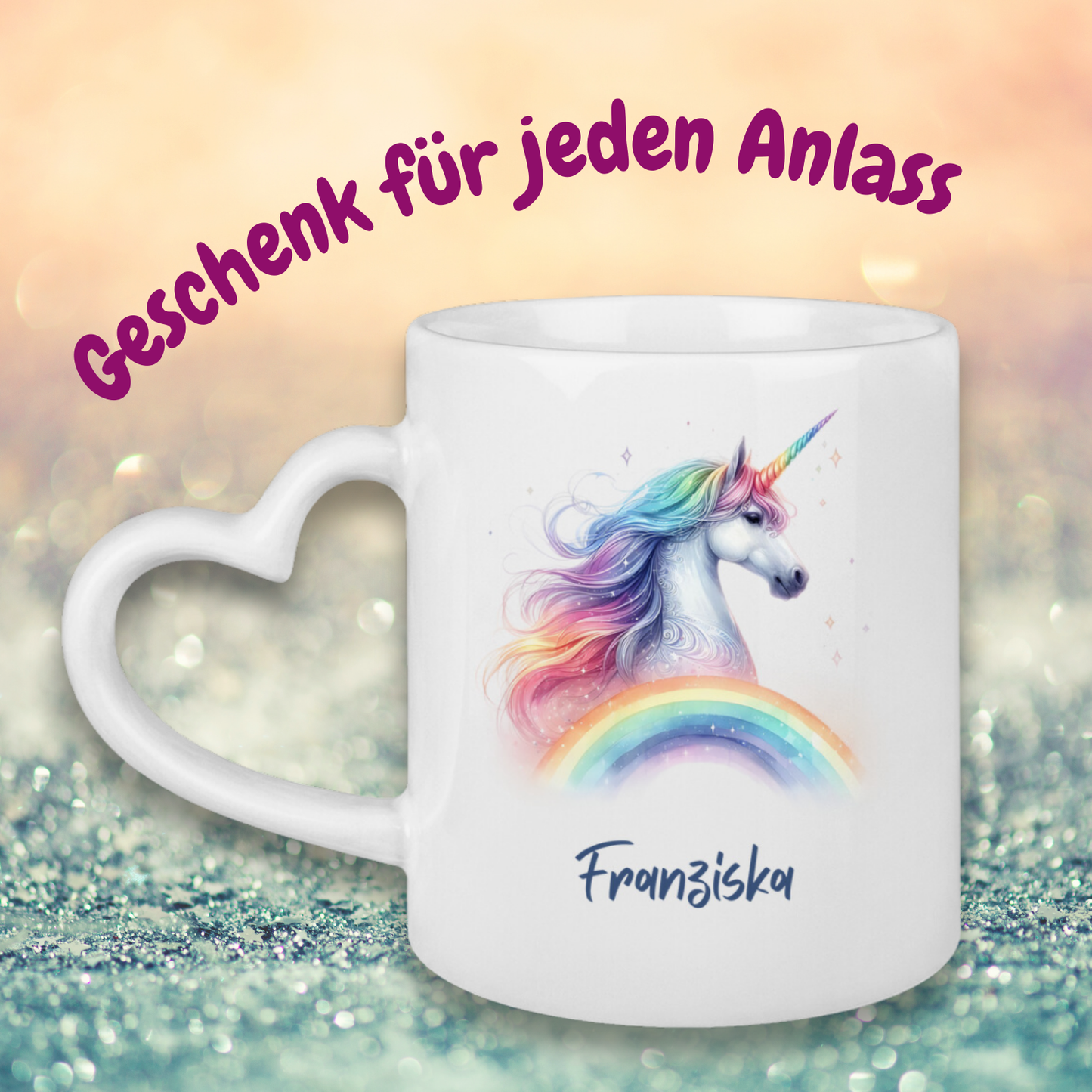 Tasse Herzgriff Einhorn personalisiert mit Wunschname Geschenk Geburtstag