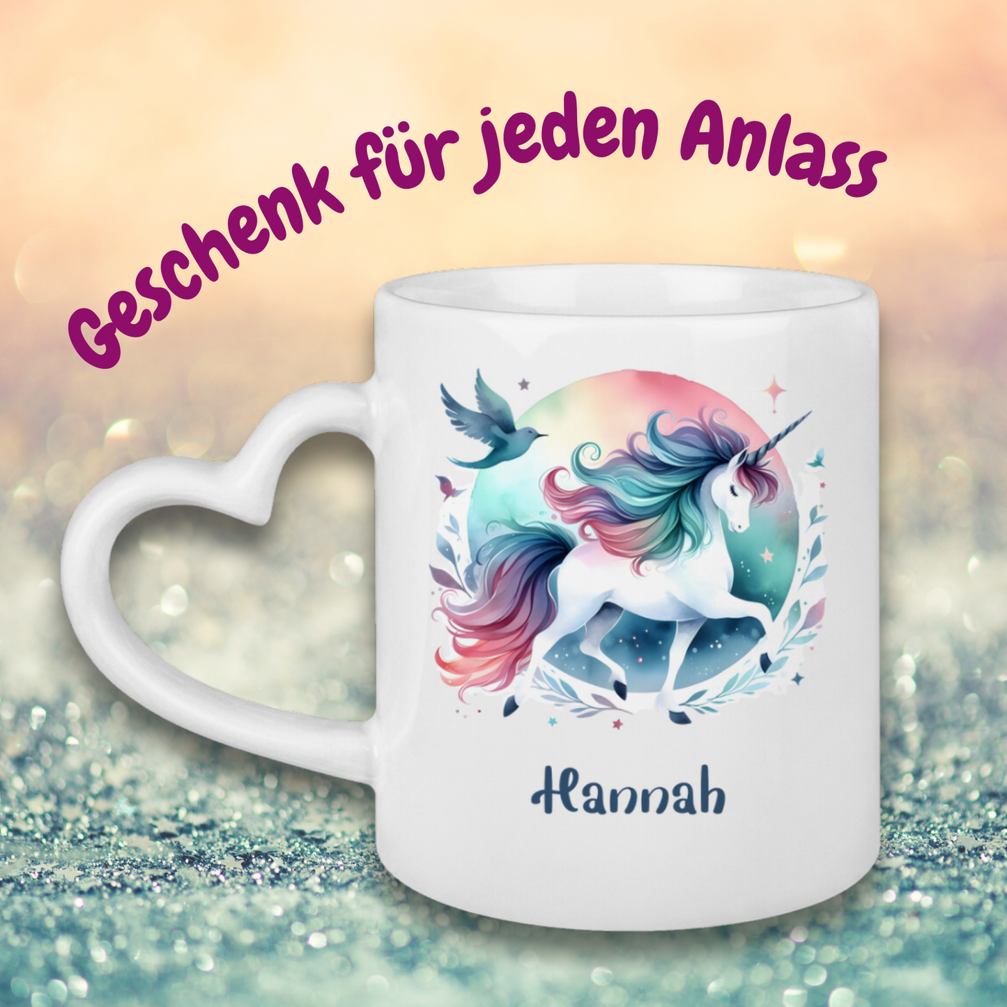 Tasse Herzgriff Einhorn personalisiert mit Wunschname Geschenk Geburtstag