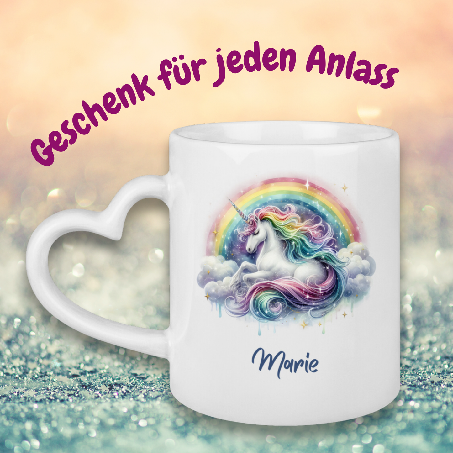 Tasse Herzgriff Einhorn personalisiert mit Wunschname Geschenk Geburtstag