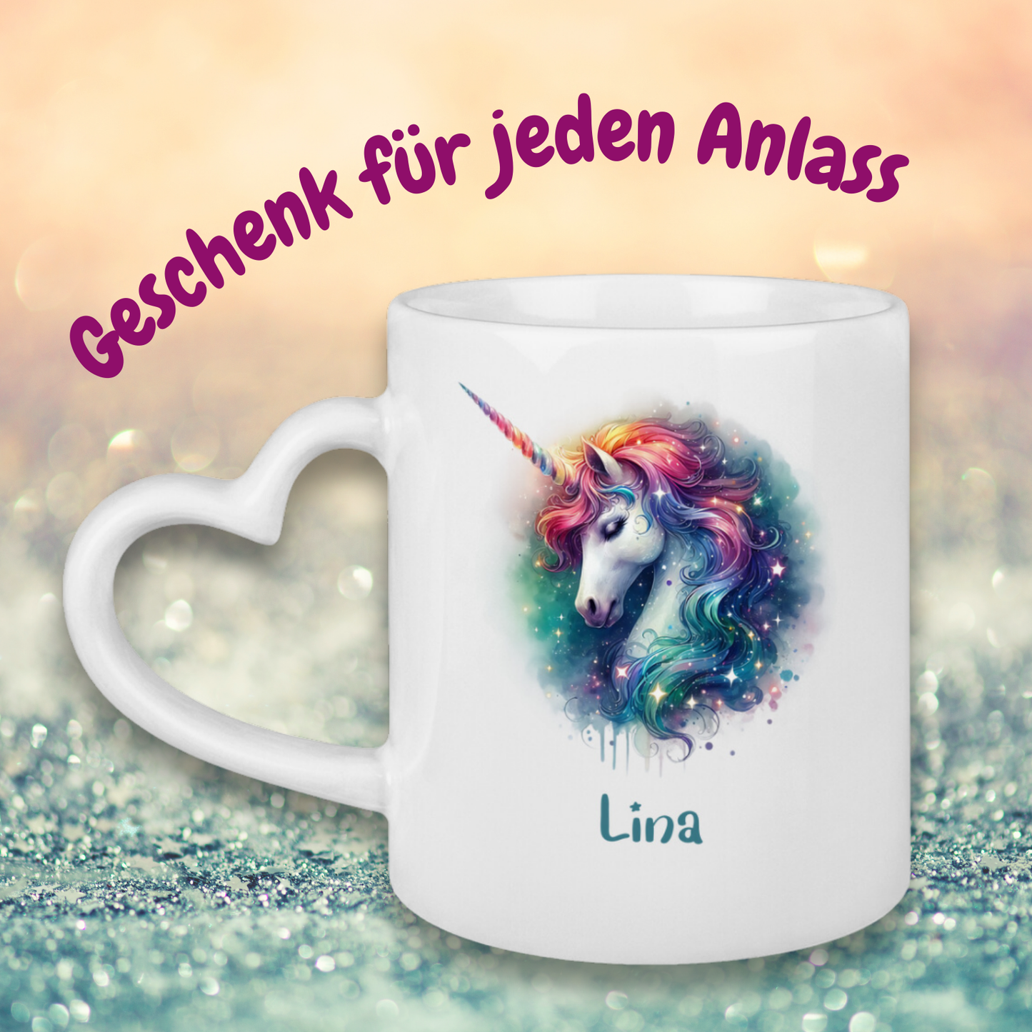 Tasse Herzgriff Einhorn personalisiert mit Wunschname Geschenk Geburtstag