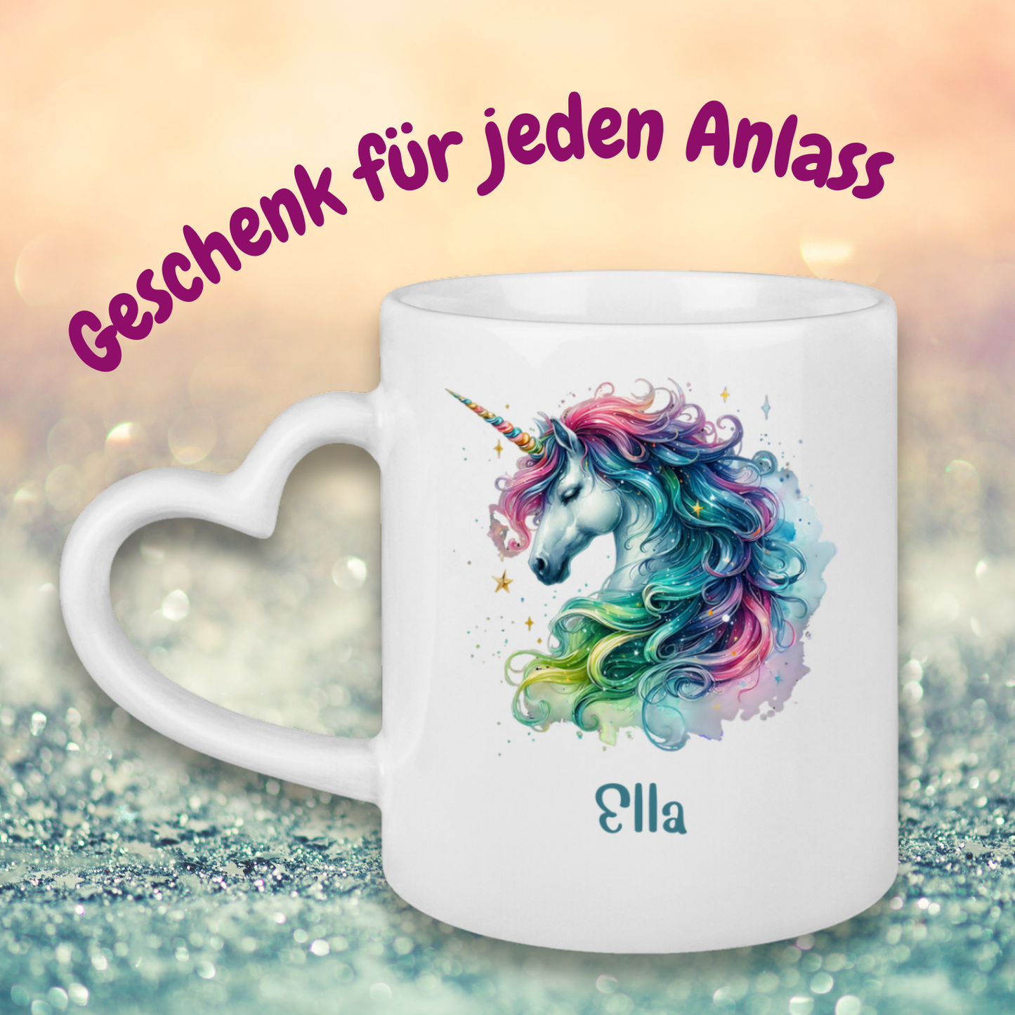 Tasse Herzgriff Einhorn personalisiert mit Wunschname Geschenk Geburtstag