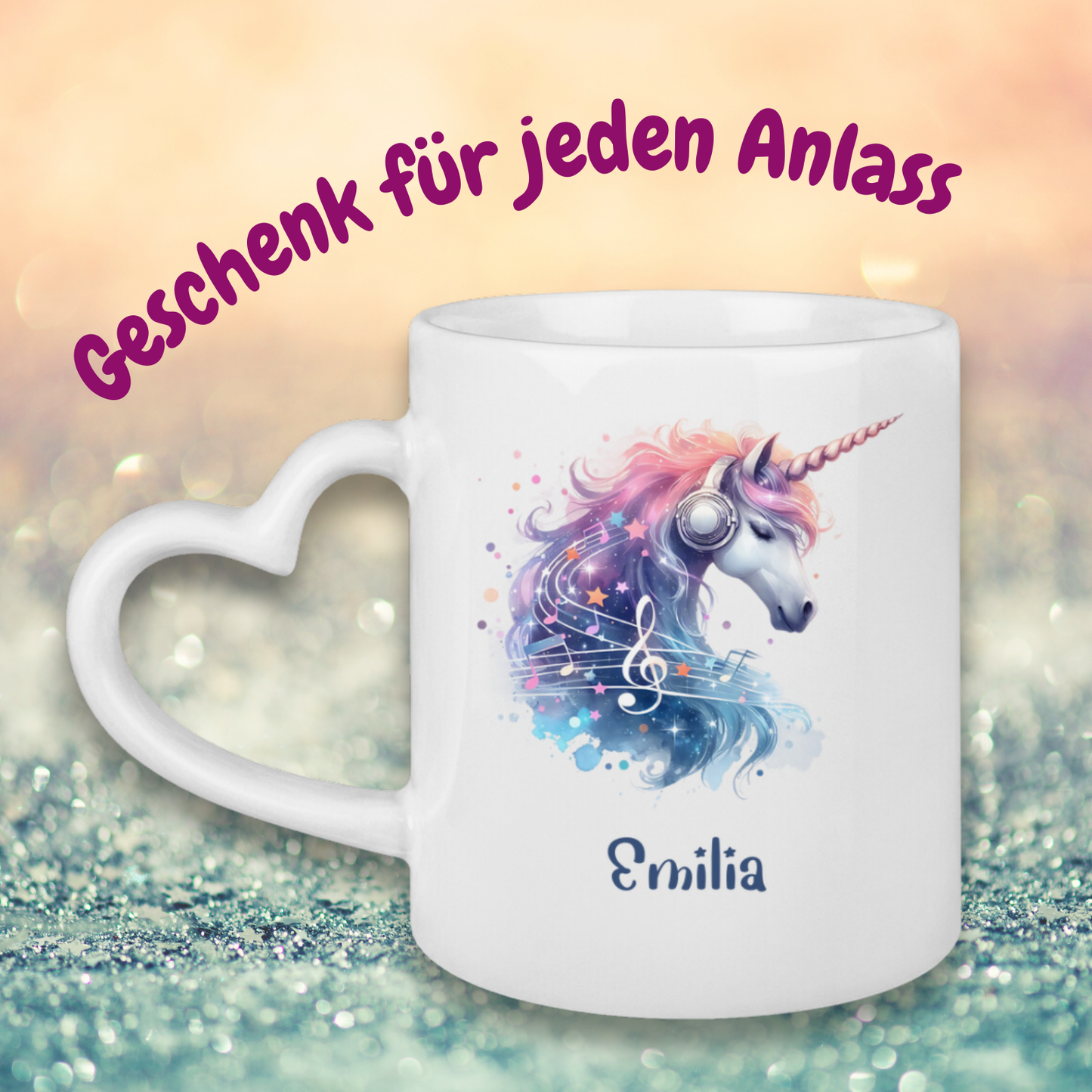 Tasse Herzgriff Einhorn personalisiert mit Wunschname Geschenk Geburtstag