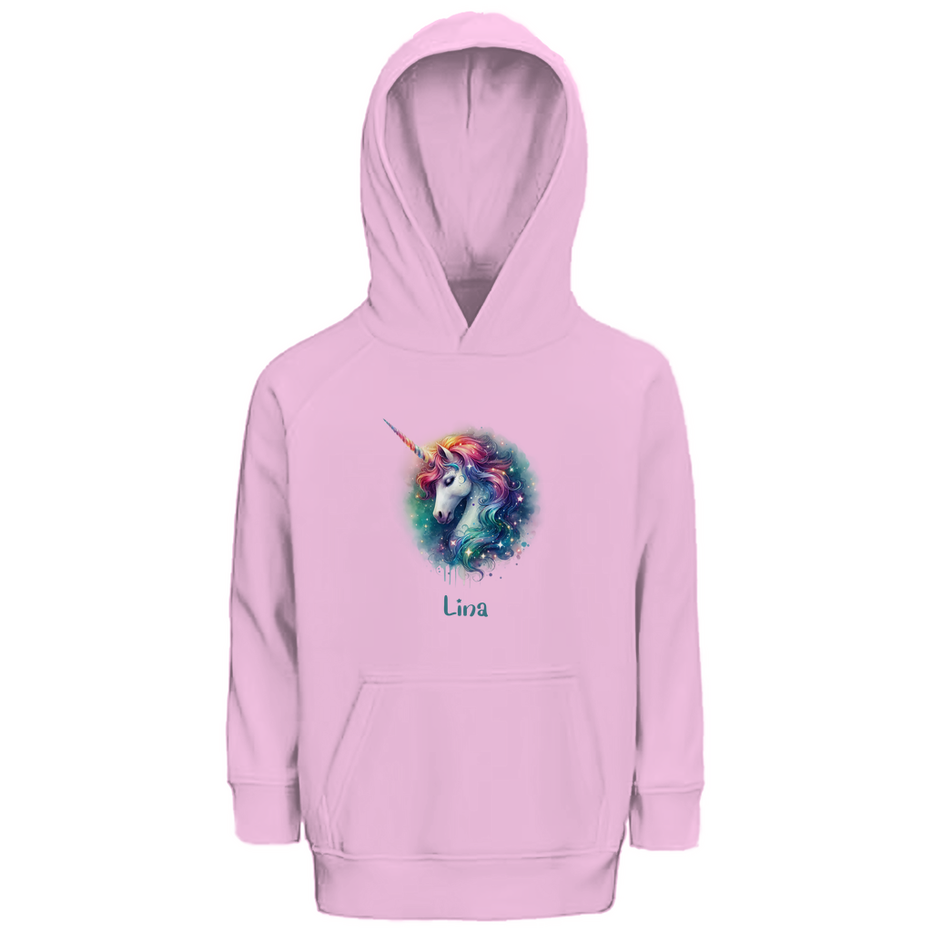 Kinder Premium Bio Hoodie Einhorn personalisiert mit Wunschname Geschenk