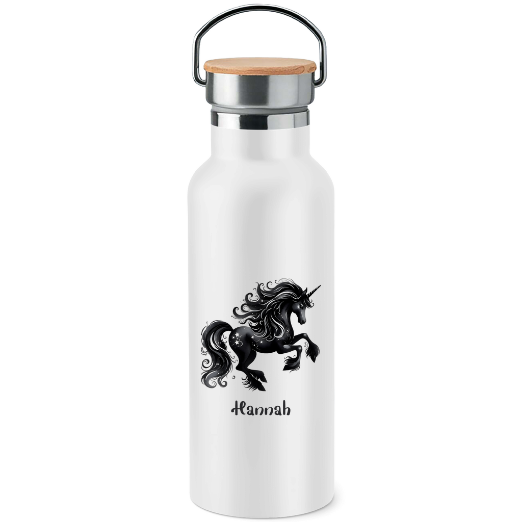 Edelstahl Trinkflasche mit Bambusdeckel Einhorn personalisiert mit Wunschname