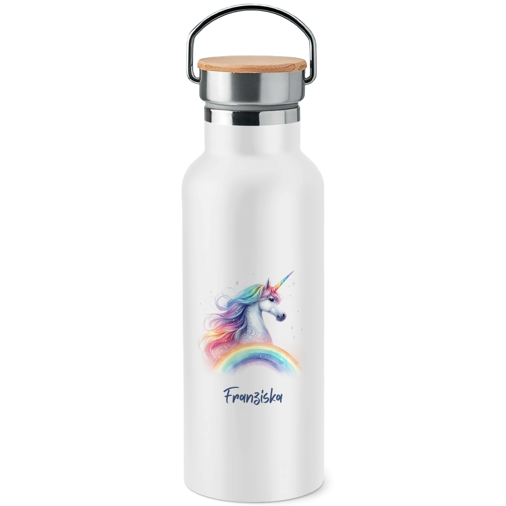 Edelstahl Trinkflasche mit Bambusdeckel Einhorn personalisiert mit Wunschname