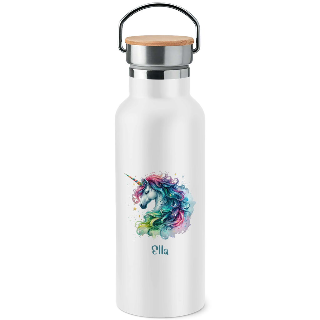 Edelstahl Trinkflasche mit Bambusdeckel Einhorn personalisiert mit Wunschname