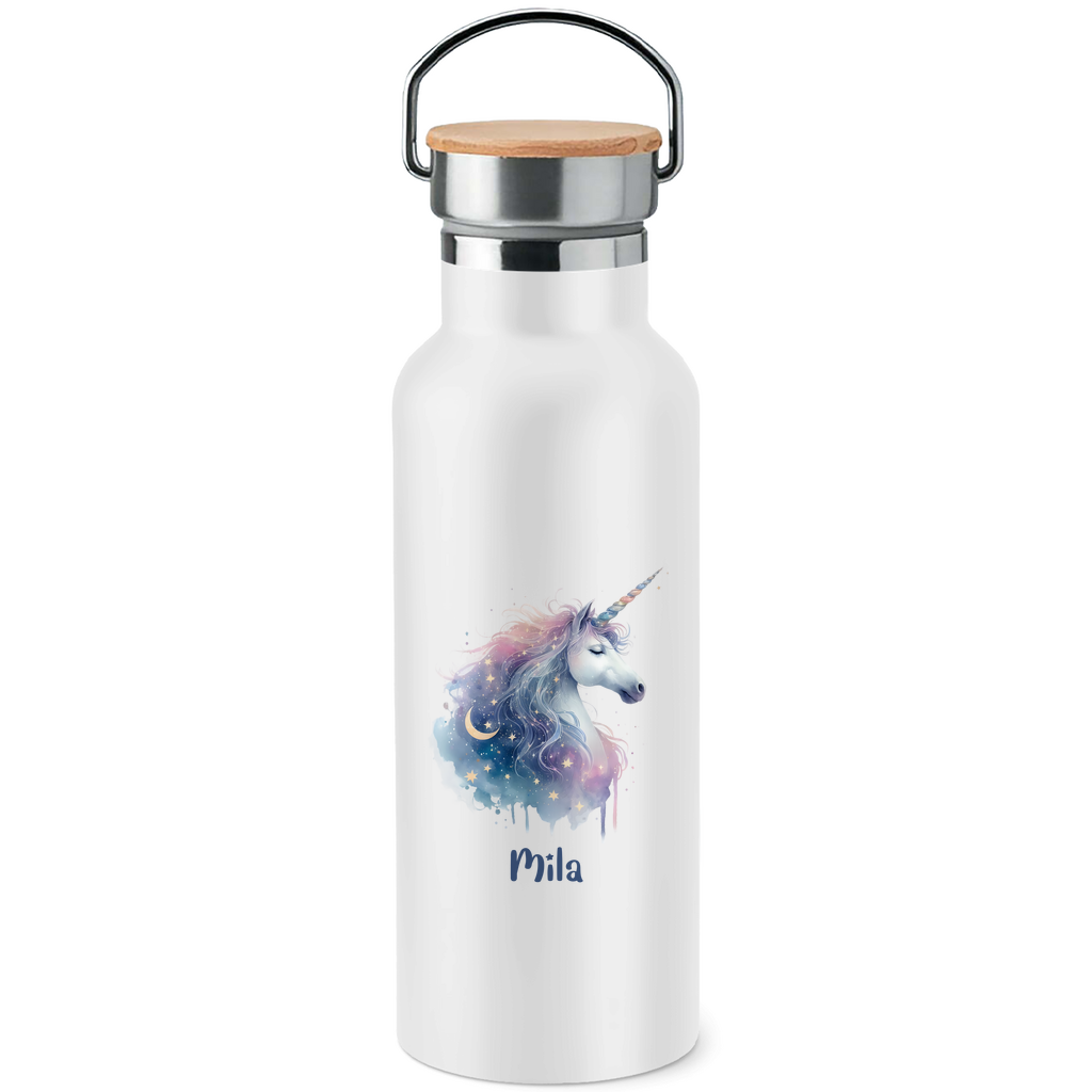 Edelstahl Trinkflasche mit Bambusdeckel Einhorn personalisiert mit Wunschname