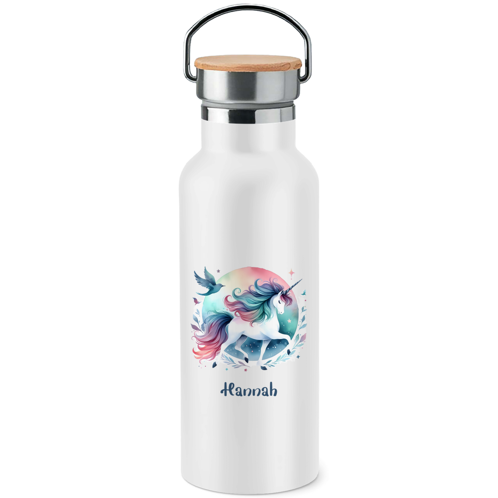 Edelstahl Trinkflasche mit Bambusdeckel Einhorn personalisiert mit Wunschname