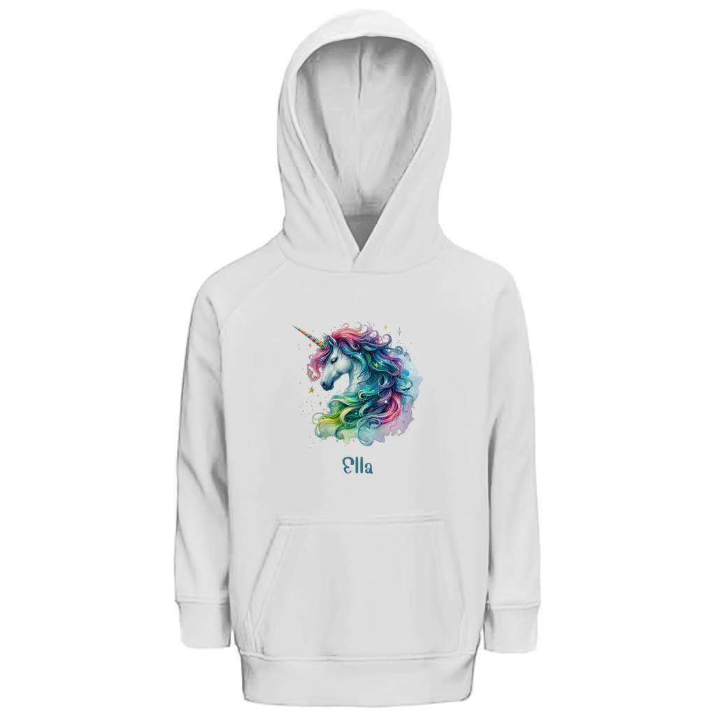 Kinder Premium Bio Hoodie Einhorn personalisiert mit Wunschname Geschenk