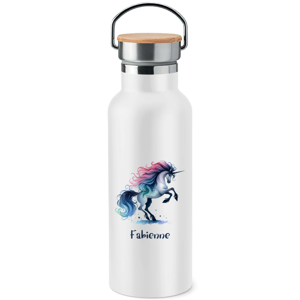 Edelstahl Trinkflasche mit Bambusdeckel Einhorn personalisiert mit Wunschname