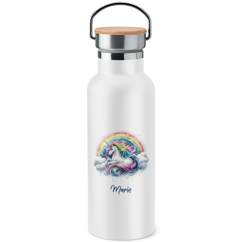 Edelstahl Trinkflasche mit Bambusdeckel Einhorn personalisiert mit Wunschname