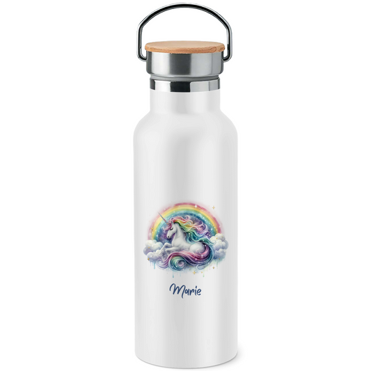 Edelstahl Trinkflasche mit Bambusdeckel Einhorn personalisiert mit Wunschname