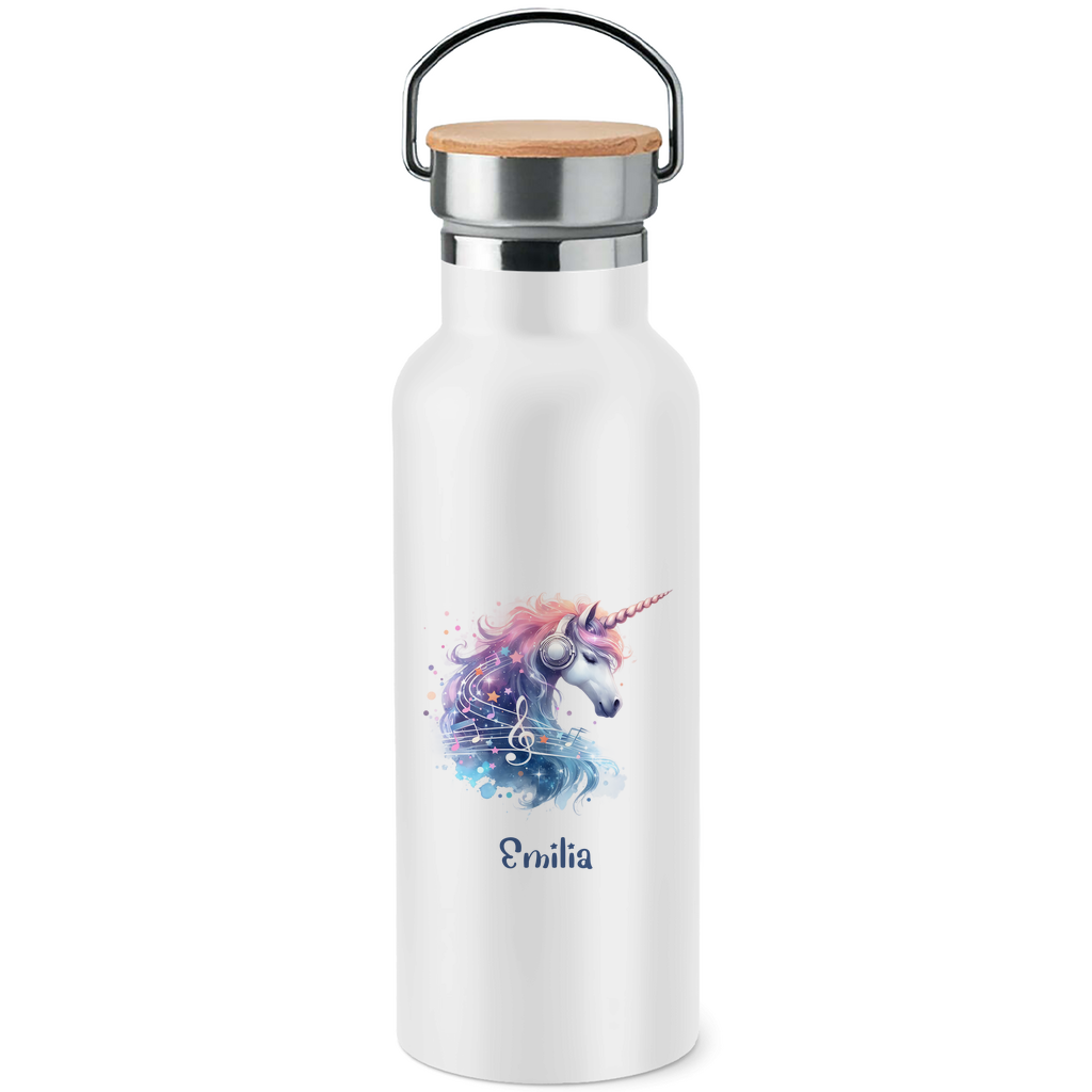 Edelstahl Trinkflasche mit Bambusdeckel Einhorn personalisiert mit Wunschname