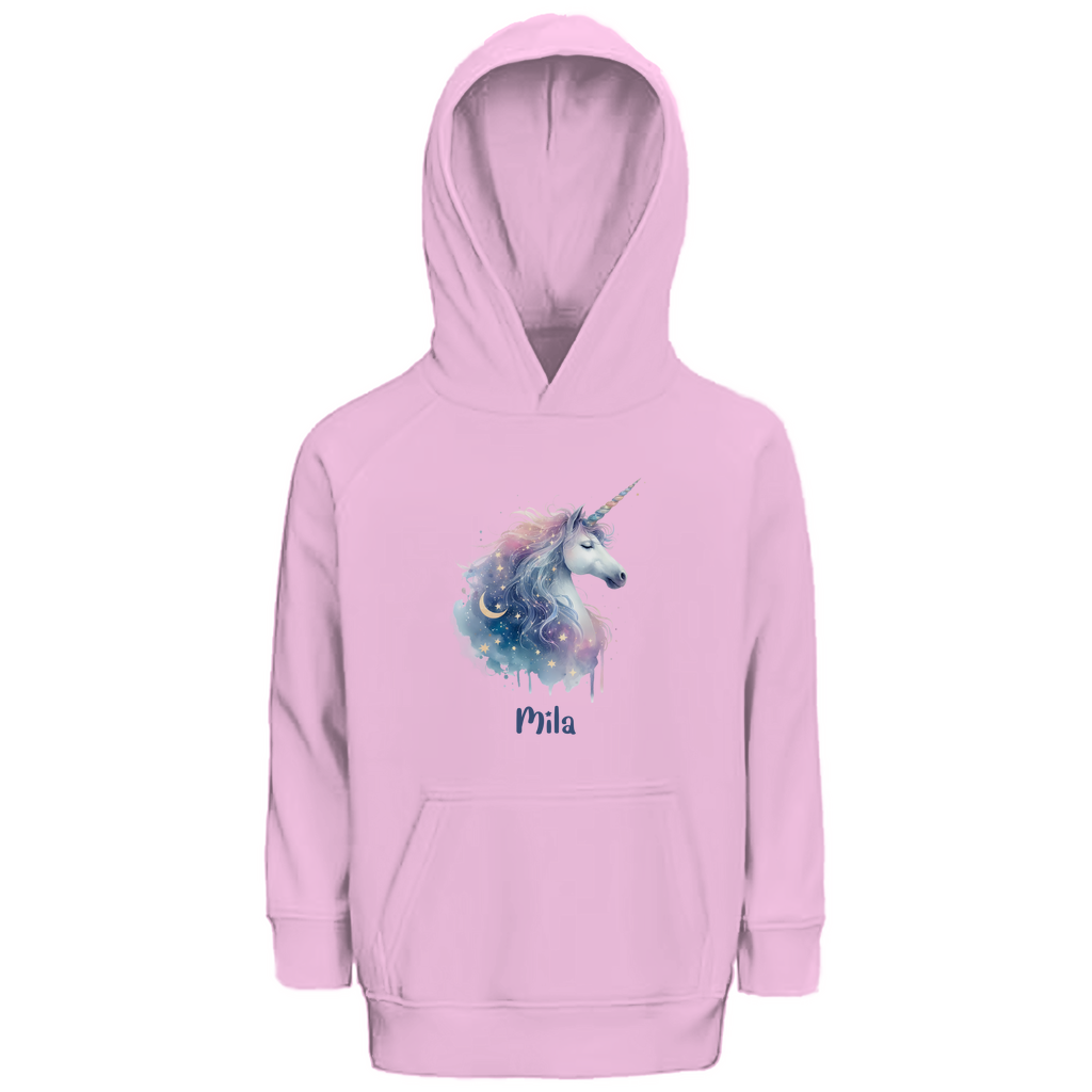 Kinder Premium Bio Hoodie Einhorn personalisiert mit Wunschname Geschenk