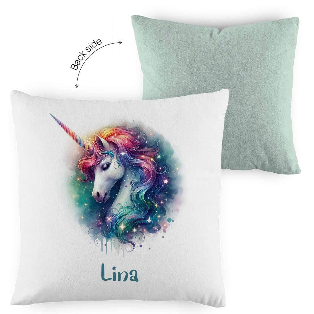 Kopfkissen Einhorn personalisiert mit Wunschname 40x40 cm mit Füllung zweifarbig