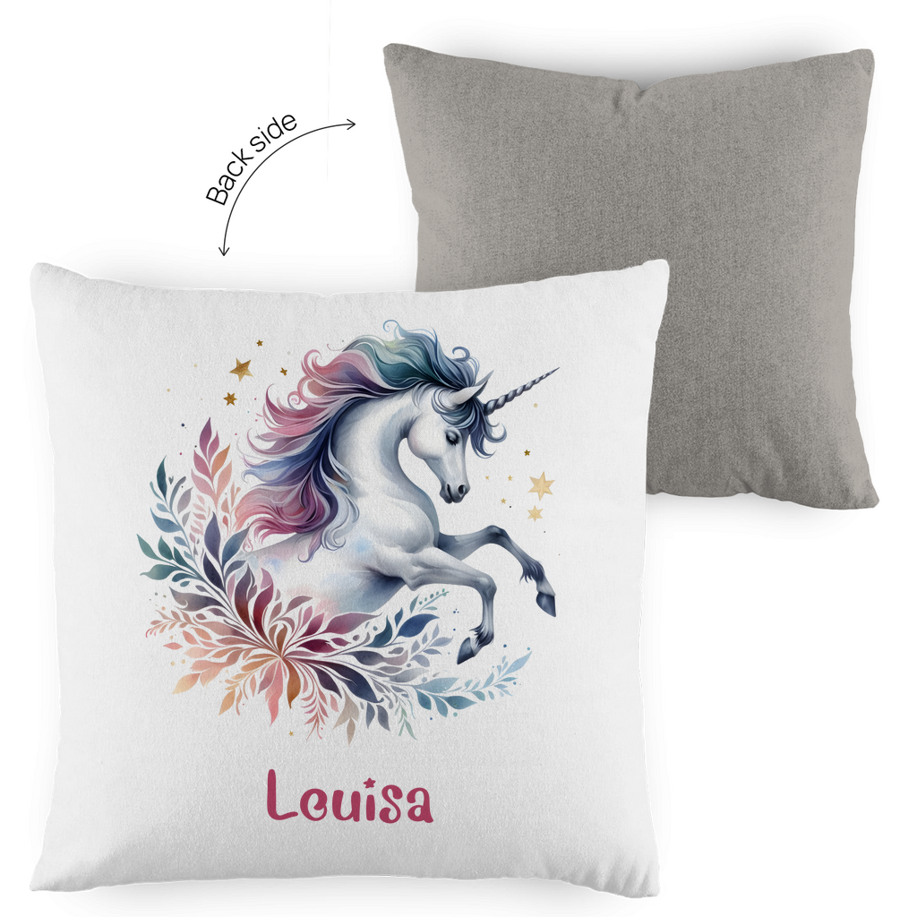 Kopfkissen Einhorn personalisiert mit Wunschname 40x40 cm mit Füllung zweifarbig