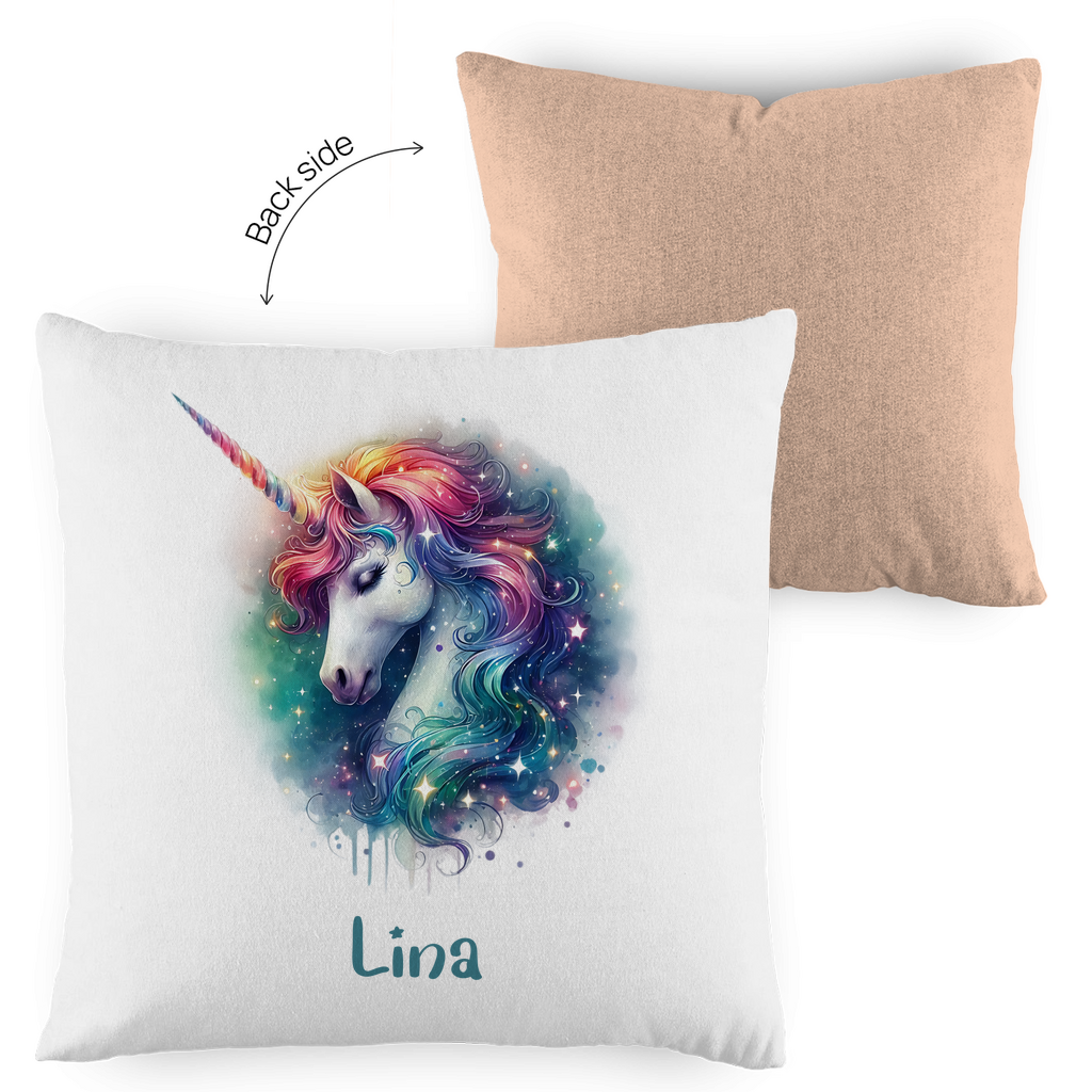 Kopfkissen Einhorn personalisiert mit Wunschname 40x40 cm mit Füllung zweifarbig