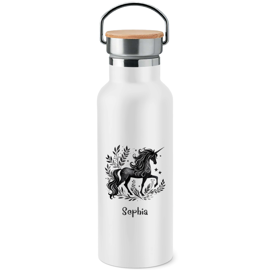 Edelstahl Trinkflasche mit Bambusdeckel Einhorn personalisiert mit Wunschname