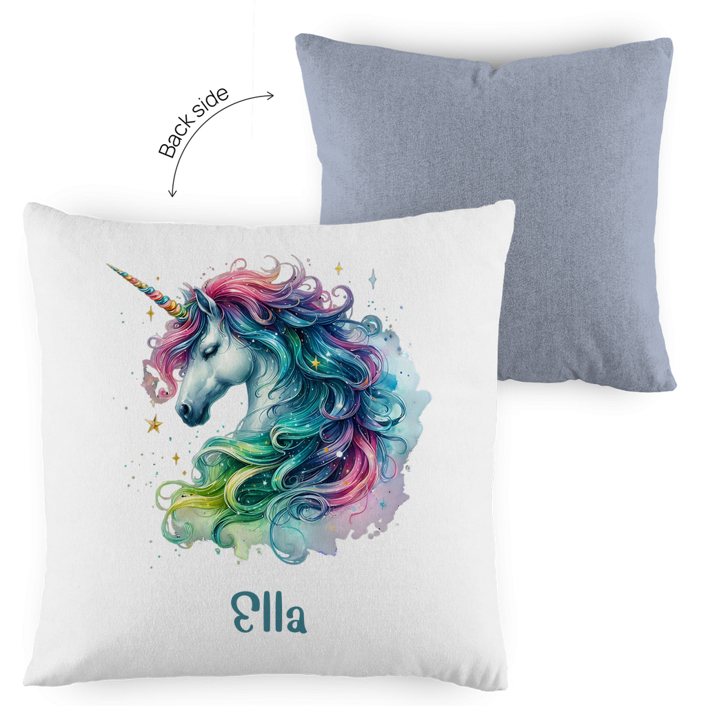 Kopfkissen Einhorn personalisiert mit Wunschname 40x40 cm mit Füllung zweifarbig