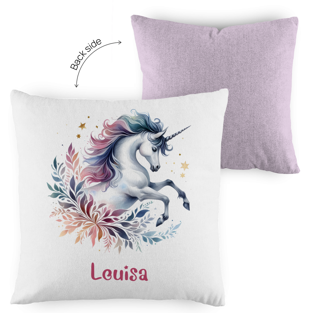 Kopfkissen Einhorn personalisiert mit Wunschname 40x40 cm mit Füllung zweifarbig