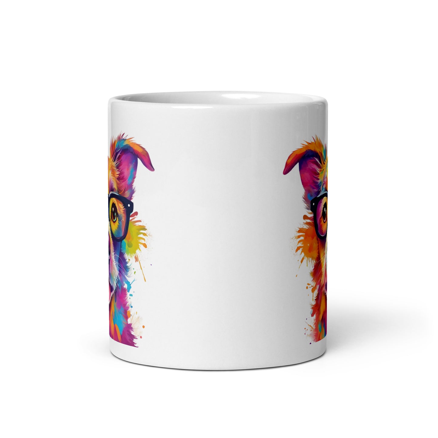 Hund mit Brille im Farbexplosion Stil auf weißer Tasse (320 ml)