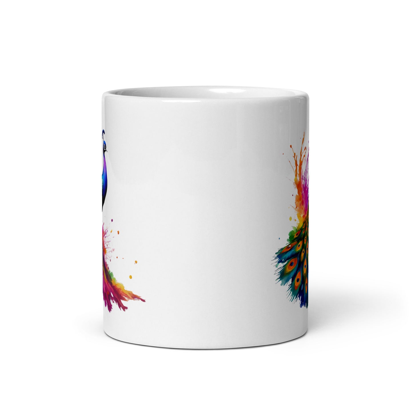 Pfau im Farbexplosion Stil auf weißer Tasse (320 ml)