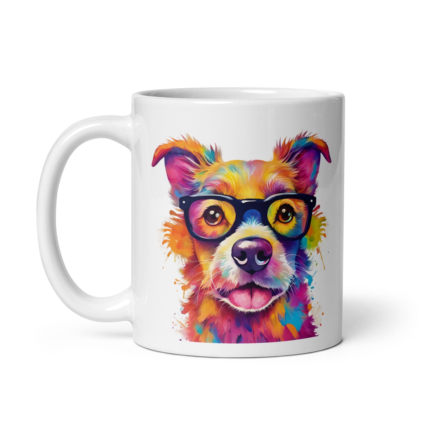 Hund mit Brille im Farbexplosion Stil auf weißer Tasse (320 ml)