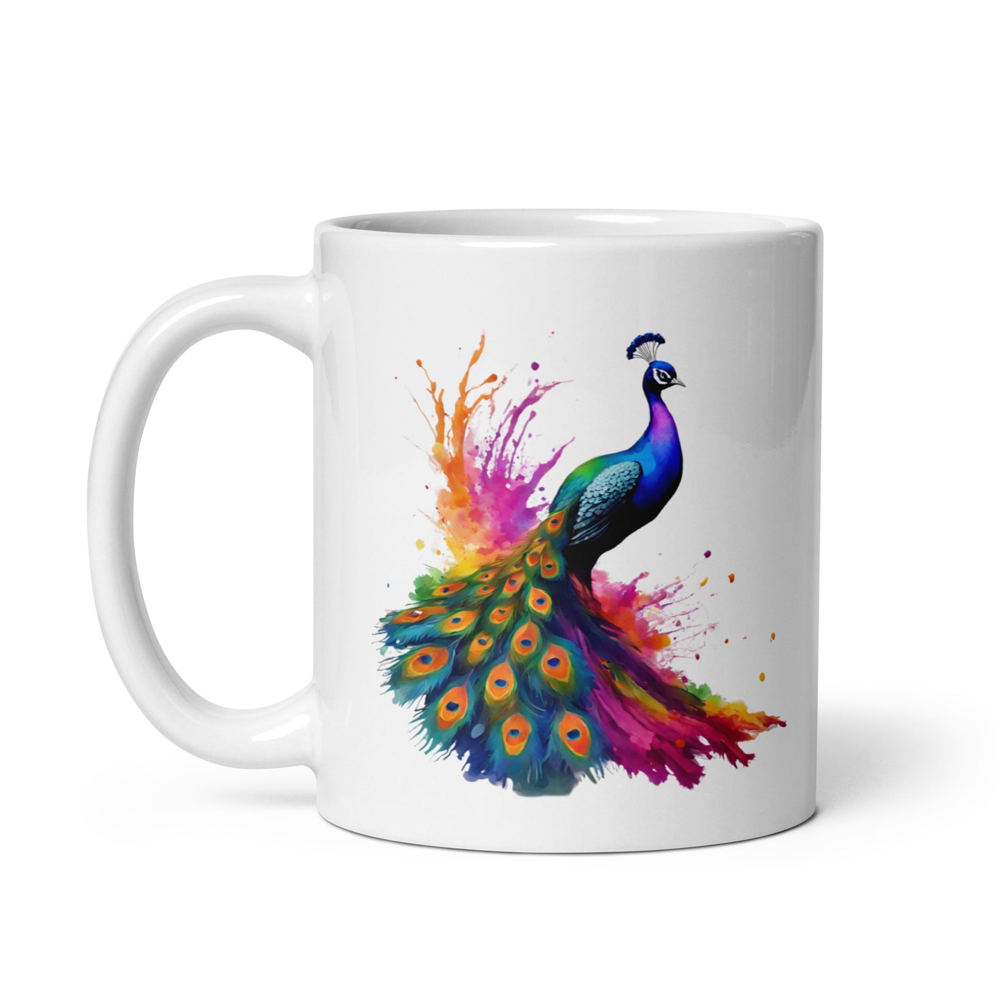 Pfau im Farbexplosion Stil auf weißer Tasse (320 ml)