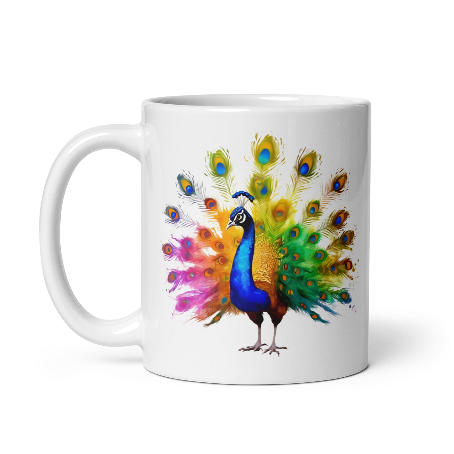 Pfau im Farbexplosion Stil auf weißer Tasse (320 ml)