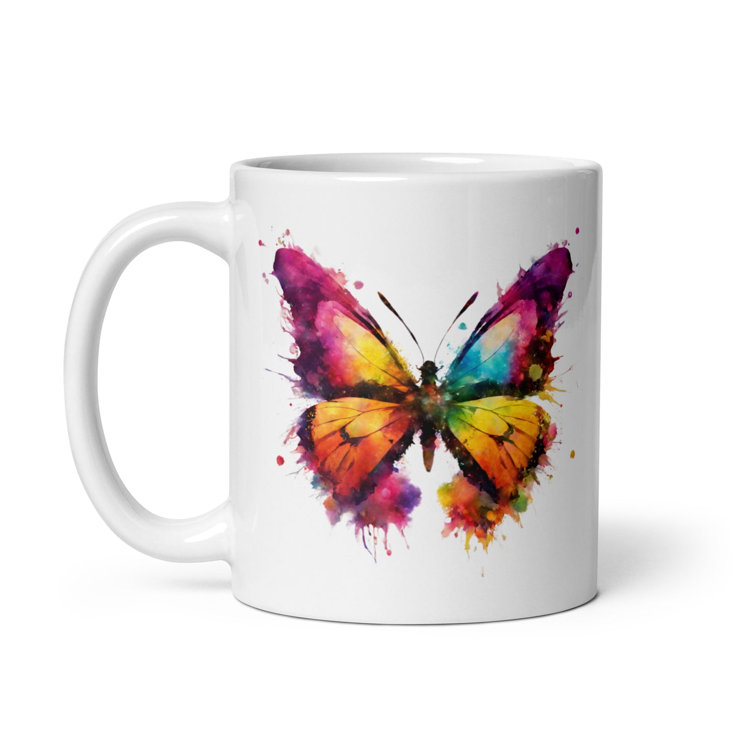 Schmetterling im Farbexplosion Stil, weiße Tasse (320 ml)