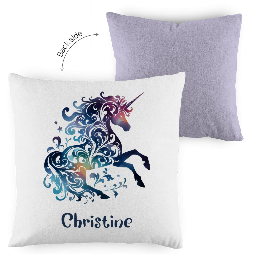 Kopfkissen Einhorn personalisiert mit Wunschname 40x40 cm mit Füllung zweifarbig