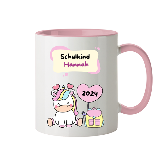 Schulanfang, Einhorn mit Luftballon, Personalisierte Tasse zweifarbig, Mädchen