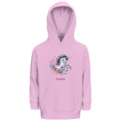 Kinder Premium Bio Hoodie Einhorn personalisiert mit Wunschname Geschenk