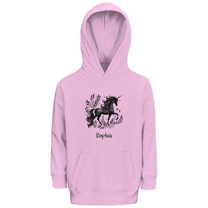 Kinder Premium Bio Hoodie Einhorn personalisiert mit Wunschname Geschenk