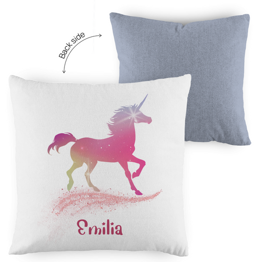 Kopfkissen Einhorn personalisiert mit Wunschname 40x40 cm mit Füllung zweifarbig