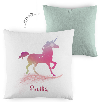 Kopfkissen Einhorn personalisiert mit Wunschname 40x40 cm mit Füllung zweifarbig