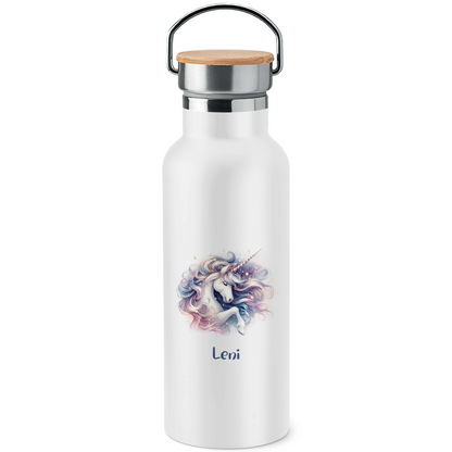 Edelstahl Trinkflasche mit Bambusdeckel Einhorn personalisiert mit Wunschname