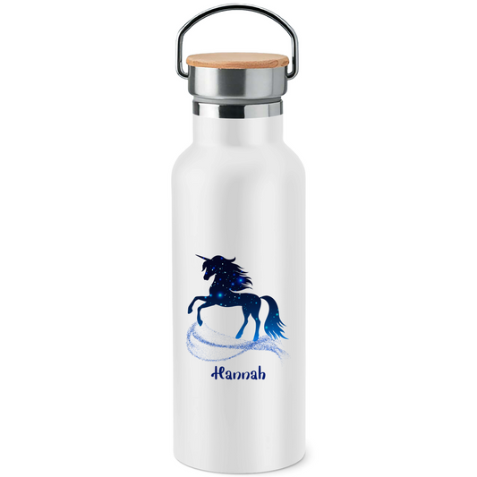 Edelstahl Trinkflasche mit Bambusdeckel Einhorn personalisiert mit Wunschname