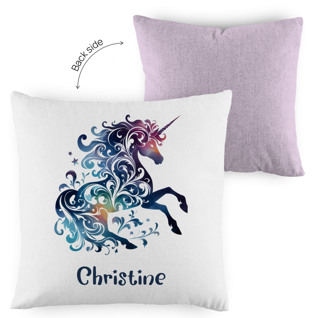 Kopfkissen Einhorn personalisiert mit Wunschname 40x40 cm mit Füllung zweifarbig
