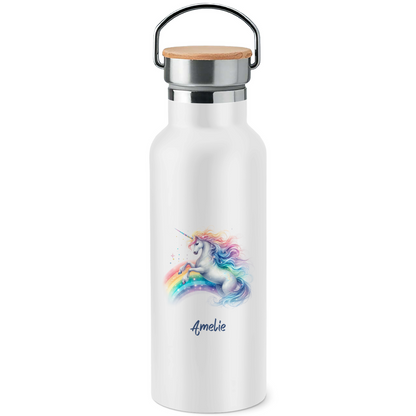 Edelstahl Trinkflasche mit Bambusdeckel Einhorn personalisiert mit Wunschname