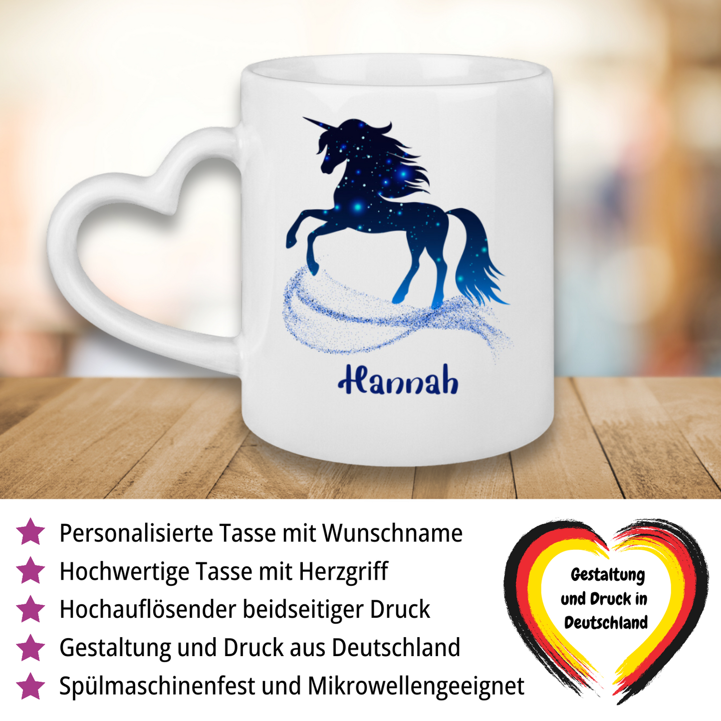 Tasse Herzgriff Einhorn personalisiert mit Wunschname Geschenk Geburtstag