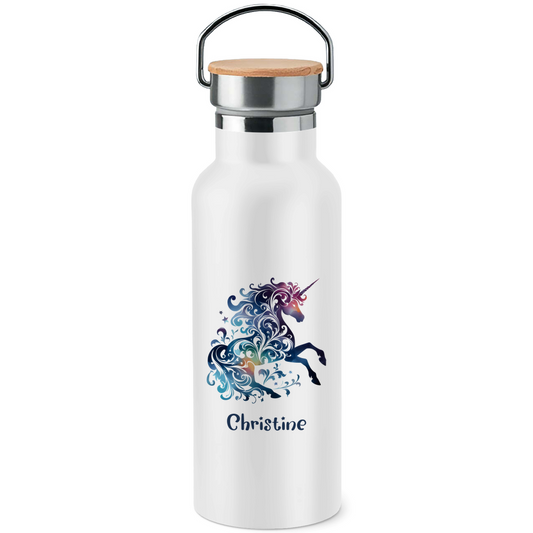 Edelstahl Trinkflasche mit Bambusdeckel Einhorn personalisiert mit Wunschname