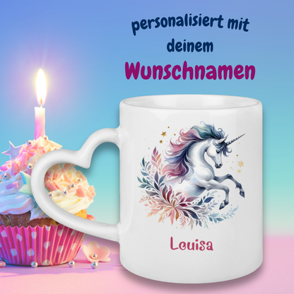Tasse Herzgriff Einhorn personalisiert mit Wunschname Geschenk Geburtstag