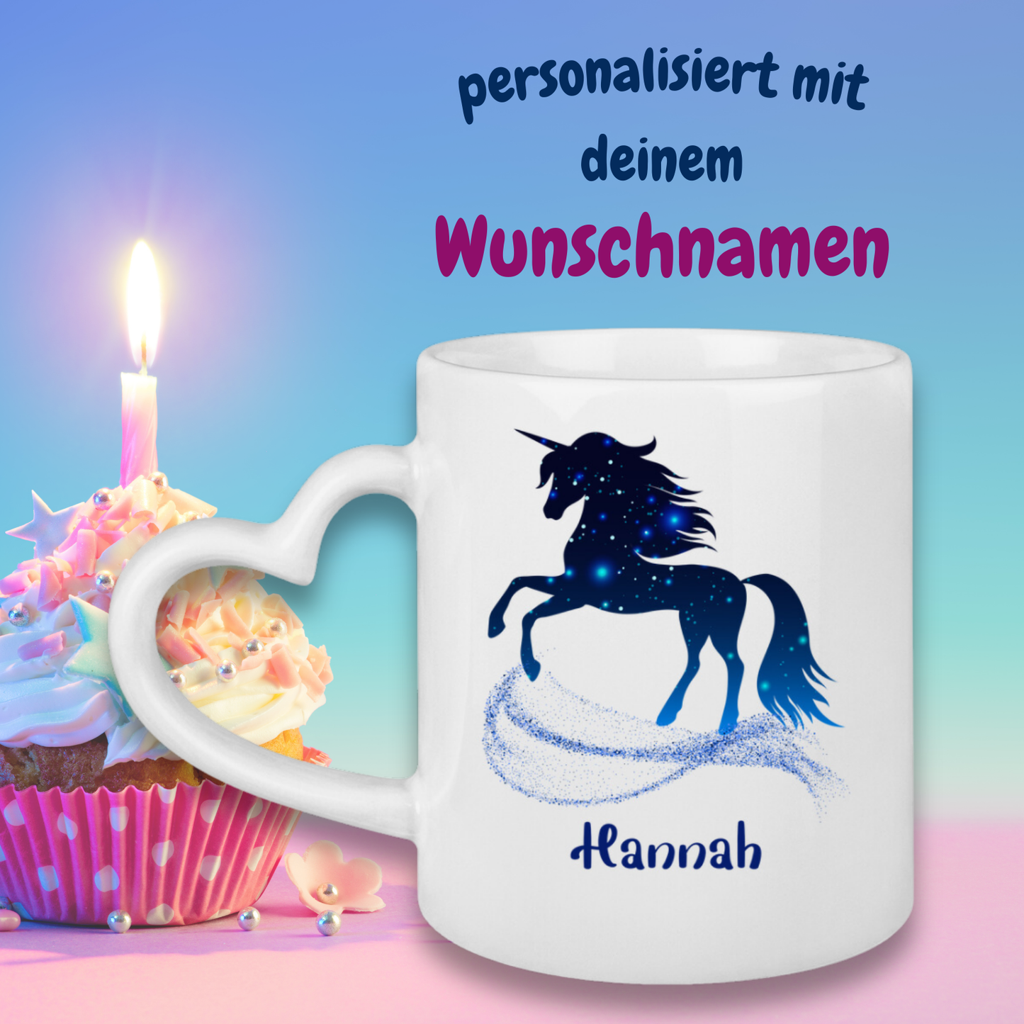 Tasse Herzgriff Einhorn personalisiert mit Wunschname Geschenk Geburtstag