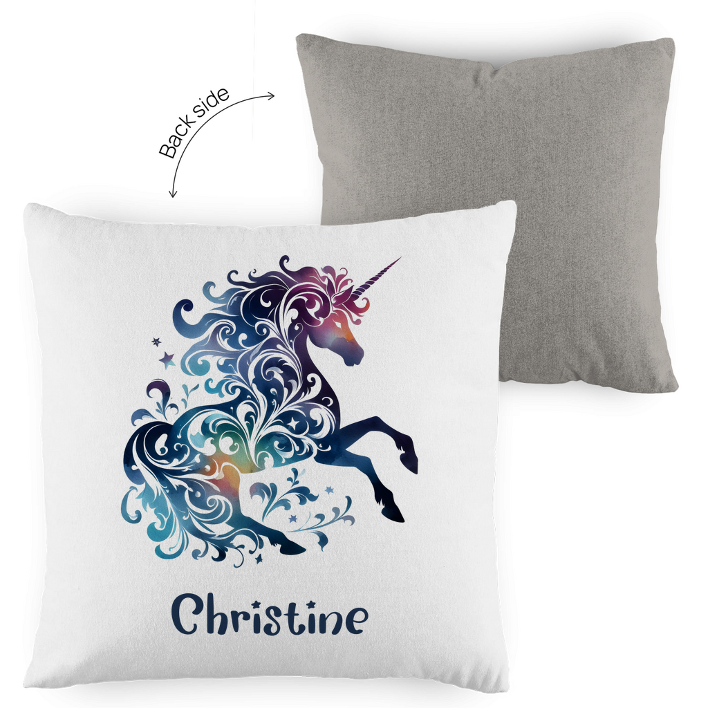 Kopfkissen Einhorn personalisiert mit Wunschname 40x40 cm mit Füllung zweifarbig