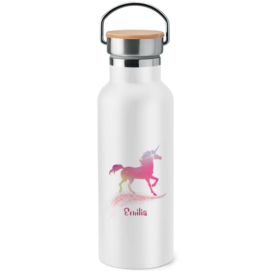 Edelstahl Trinkflasche mit Bambusdeckel Einhorn personalisiert mit Wunschname