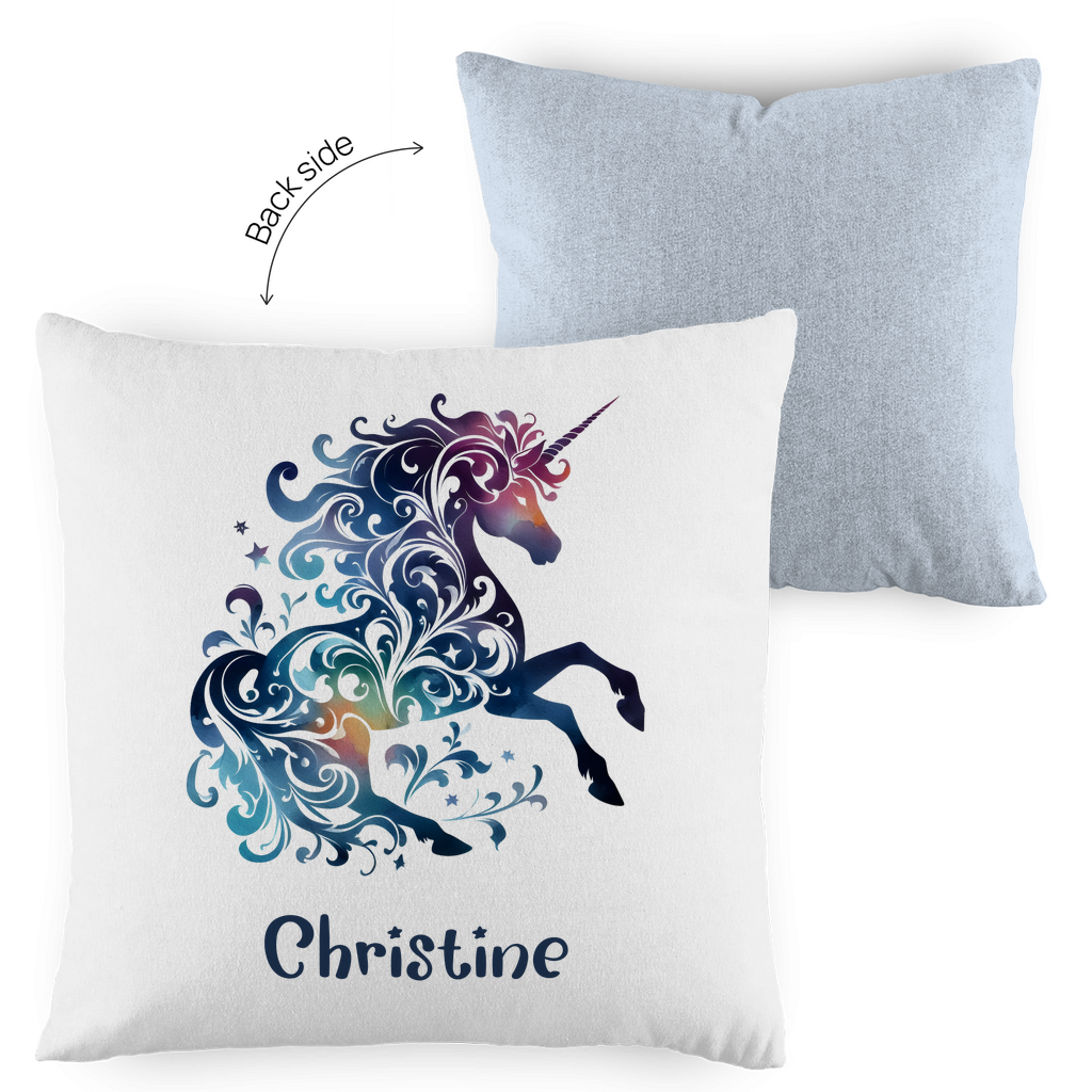 Kopfkissen Einhorn personalisiert mit Wunschname 40x40 cm mit Füllung zweifarbig