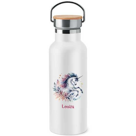 Edelstahl Trinkflasche mit Bambusdeckel Einhorn personalisiert mit Wunschname